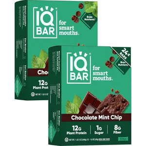 IQBAR Plant Protein Bars - Focus, Energy, Meal Replacement, Chocolate Mint Chip - 24 Count