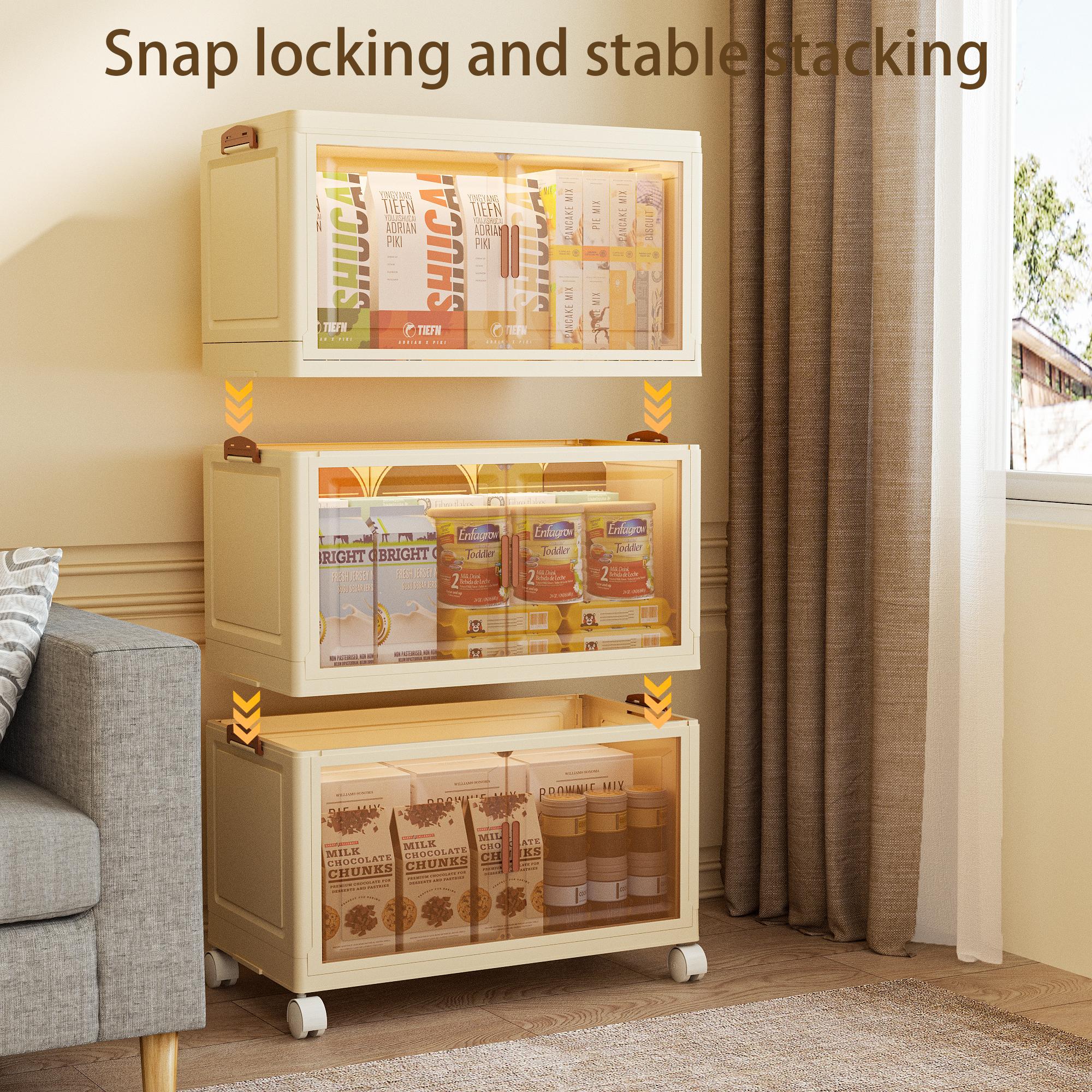 Large Foldable Plastic Storage Bin with Lockable Wheels, Stackable Organizer with Lid and Magnetic Front Door for Home Storage and Closet Organization Divided Compartments storage organization