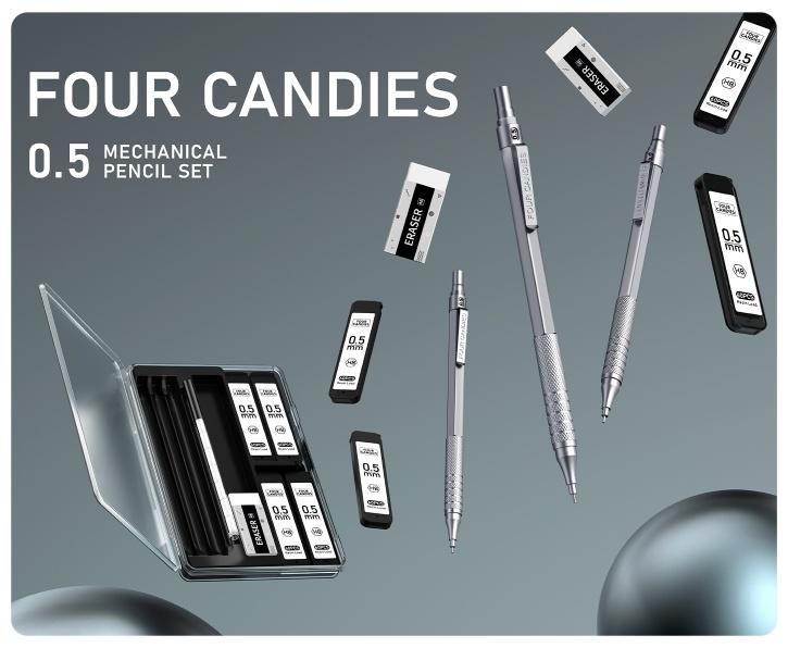 Four Candies 0.5mm/0.7mm/0.9mm Mechanical Pencil Set with Case, 3PCS Metal Artist Lead Pencil with 8 Tubes (480PCS) HB Lead Refills, 3 Erasers, 9 Eraser Refills For Engineer Art Writing Drafting, Silver