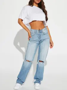 Tall As You Please Ripped Straight Leg Jeans - Light Blue Wash