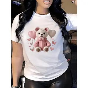 1pc Women's Casual Short Sleeve T-Shirt - Cute Teddy Bear & Balloon Print, Soft Breathable Fabric, Relaxed Fit, Machine Washable, All-Season Versatile Top, Teddy Bear T Shirt, Playful Design, Comfortable Fit