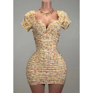 ANTONELLA YELLOW FLORAL RUCHED BODYCON MINI DRESS