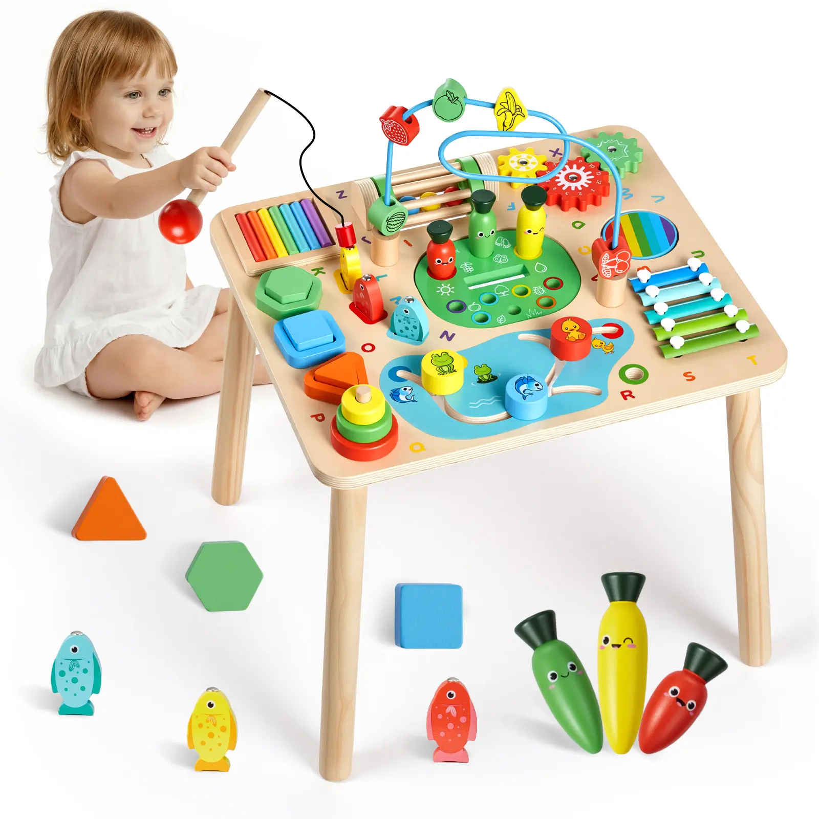 VEVOR Montessori Wooden Activity Table, 13-in-1 Baby Tabletop Sensory Learning Center for Fine Motor Skills & Early Cognition, Ages 6M - 3 Years, Kids