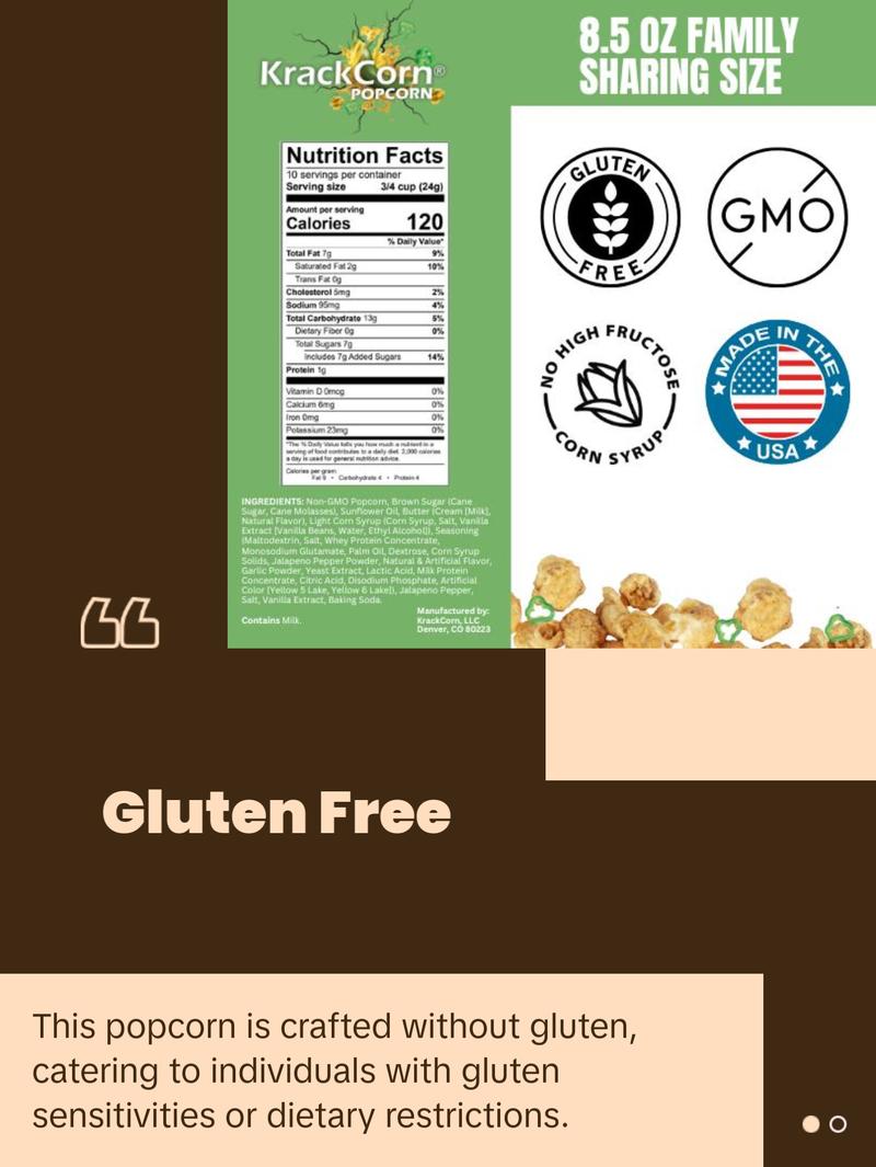 KrackCorn Popcorn Large 5-Bag Variety Pack+FREE Bag! Three Flavors. Crunchy Caramel. Savory Cheese. Spicy Jalapeno Heat. Gluten Free. Non GMO Corn. No High Fructose Corn Syrup.