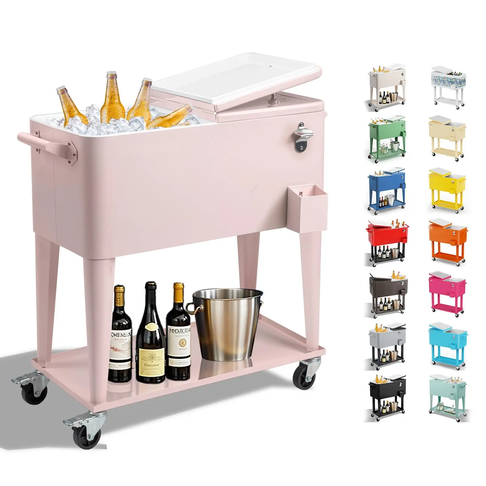 【Summervibes】UBesGoo 80 Quart Patio Cooler Rolling Cooler Ice Chest with Shelf, Wheels and Bottle Opener, Portable Patio Party Drink Cooling Cart