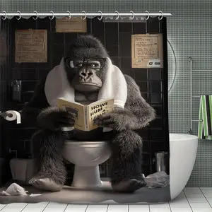 Funny Shower Curtain,Fun Chimpanzee Animal on Toilet Bathroom Curtains, 72x72 Humorous Shower Curtain Set, Gray Wildlife Boys Men Modern Cool Bathroom Curtain