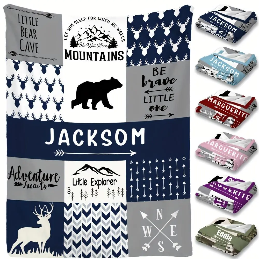 Custom Name Animal Letter Polyester Fleece Blanket (1pc) - Soft Square Bedding Throw for Adults, Borderless Printing, Multi-Size (76×101cm/30×40in, 122×81cm/32×48in, 127×152cm/50×60in), Ideal Birthday Gift for Grandparents, Home Use