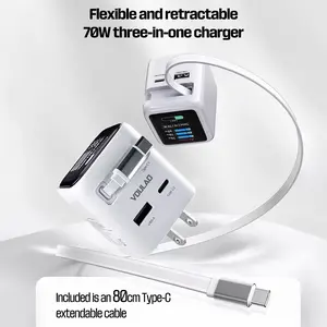 VOULAO Smart Display Charger, 70W 3-in-1 Power Strip Charging Station, 2.3ft InstaCord Retractable Cable,70W 3-Port Compact GaN USB C Charger,Smart Display and Touch Control,Up to 70W Single‑Port Fast Charging,for iPhone17/16/15,Laptop,Home Office