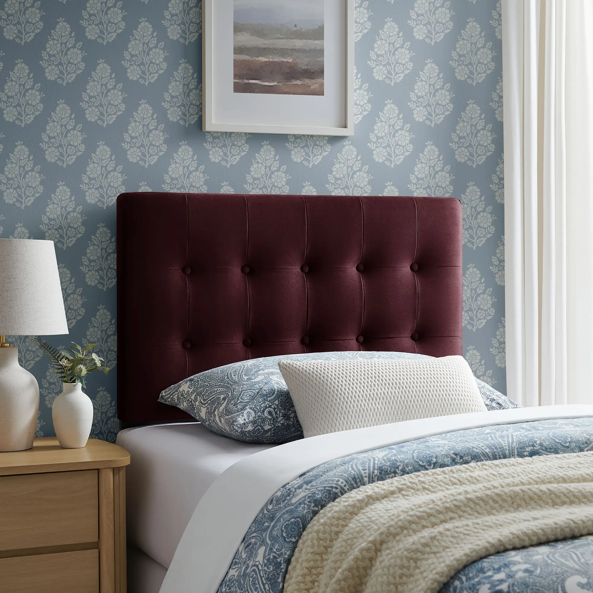 Emily Stain-Resistant Performance Velvet Twin Size Headboard in Mulberry
