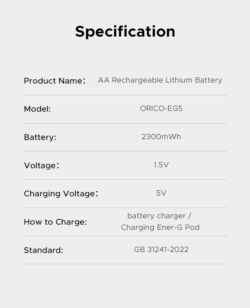 ORICO Ener-G AA 8-Pack 1.5V 2300mWh Rechargeable up to 1500 Times 2.5H Fast Charge for Remote Control Electronic Toys Wireless Mouse - EG5
