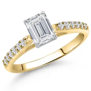 Gem Stone King 0.88 Cttw IGI Certified Lab Grown Diamond in 10K Yellow and White Gold Engagement Ring for Women | Emerald Cut Center Diamond 0.70 Ct | D-E Color | VS1-VS2 Clarity