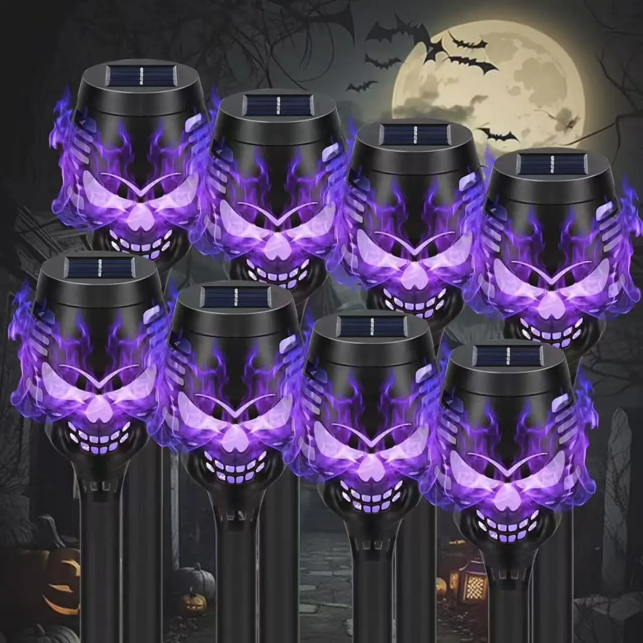 Halloween solar skull lamp, small path decoration, 4 pieces, purple. Ghost skull solar lamp, head courtyard lamp, landscape lamp, grass torch lamp, garden ground plug lamp. Suitable for magical props.