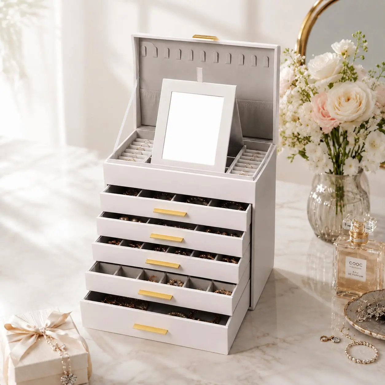 BOOVO White 6-Layer Elegant Durable Storage Jewelry Organizer, Large Capacity Modern PU Leather Vanity Case with Mirror & Velvet Lining for Earrings, Rings, Necklaces, Ideal Gift for Women (Mother’s Day, Valentine’s Day),dorm essentials,home decor