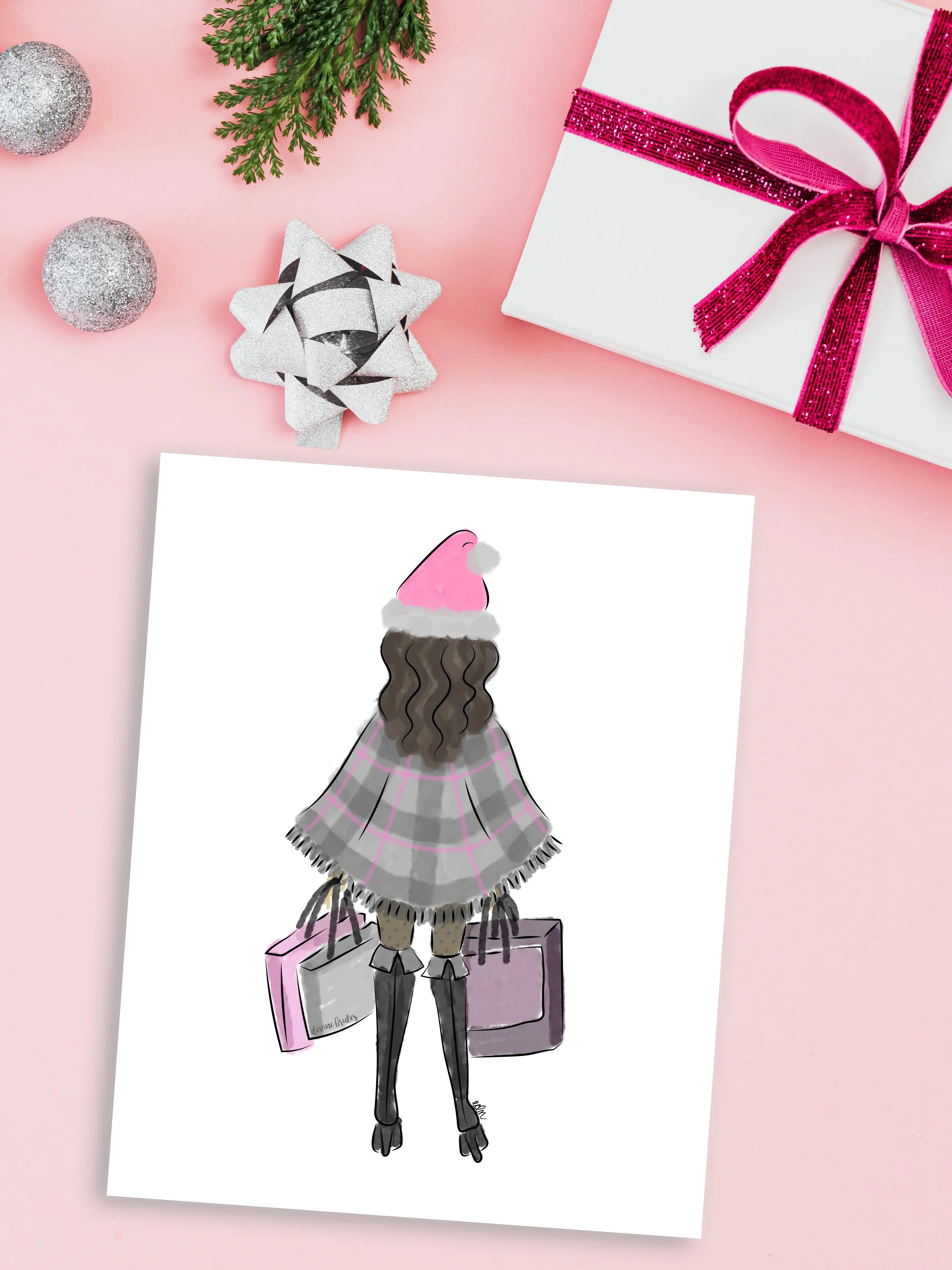 Wall Art Print - Holiday Shopping Spree, Girly Print, Christmas Print, Drawing For Wall Decor, Office Decor, Closet Decor, Hand Drawn Illustration Art For Home