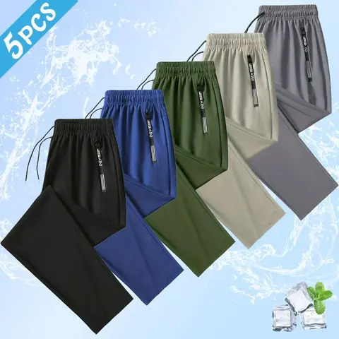 Men’s 5-Pack Summer Lightweight Solid Color Straight-Leg Sports Trousers - Soft, Breathable, Quick-Dry Fabric, Durable, Wrinkle-Resistant - With Zipper - Suitable for Everyday Wear, Workout, Outdoor Activities