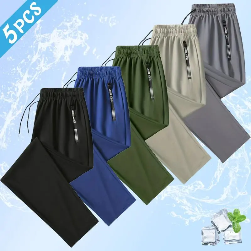 Men’s 5-Pack Summer Lightweight Solid Color Straight-Leg Sports Trousers - Soft, Breathable, Quick-Dry Fabric, Durable, Wrinkle-Resistant - With Zipper - Suitable for Everyday Wear, Workout, Outdoor Activities