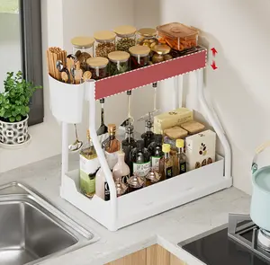 2-Layer Pull-Out Storage Rack – Adjustable Divider Drawer Organizer, Large-Capacity Under Sink Storage Shelf, Sliding Multi-Functional Dish Rack for Kitchen & Bathroom, Space-Saving Organizer with Hook, Durable Metal Construction for Home Organization