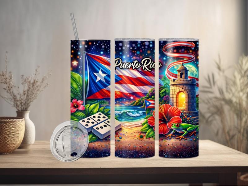 Puerto Rico Stainless Steel 20oz Tumbler with Plastic Straw and Clear Lids.  Drinkware Water Bottles
