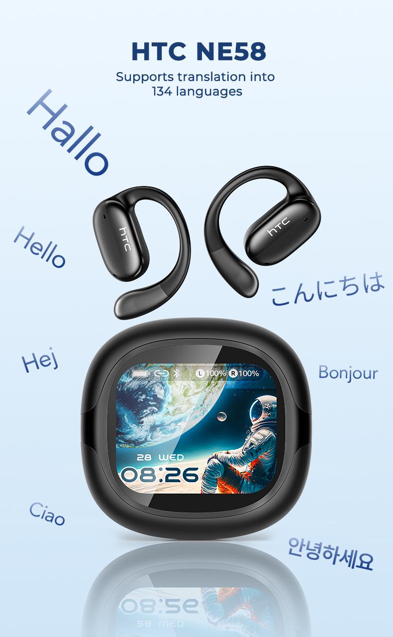 HTC NE58 OWS Translator Bluetooth Earbuds LED Multi-function Touchscreen Bluetooth 6.0 Headphones  Real-time Translation in 134 Languages ​​Hi-Fi Sound Quality HD Calls Suitable for Entertainment, Music, Travel, and Office