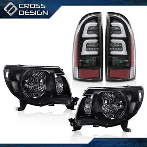 CROSSDESIGN Fit For 05-11 Toyota Tacoma Black Headlights & 3D LED Tube Bar Tail Lights Set