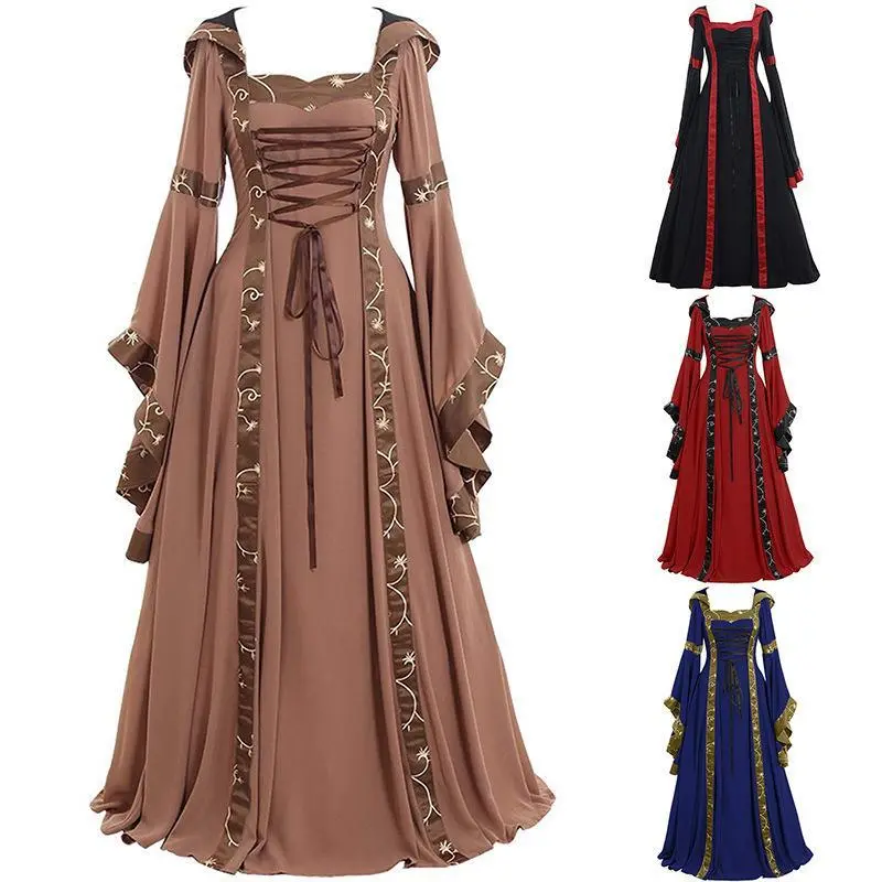 Women's Medieval Costumes - Flared Sleeves Hooded Swing Dress, Solid Women's Clothes with Lace Trim and Thin Straps