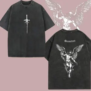 Sanctus Archangel Vintage Washed Oversized Christian T-Shirt, Holy Sword Cross Faith Graphic Tee, Heavy Cotton Dark Angel Streetwear Top, Unisex Retro Worship Shirt for Believers