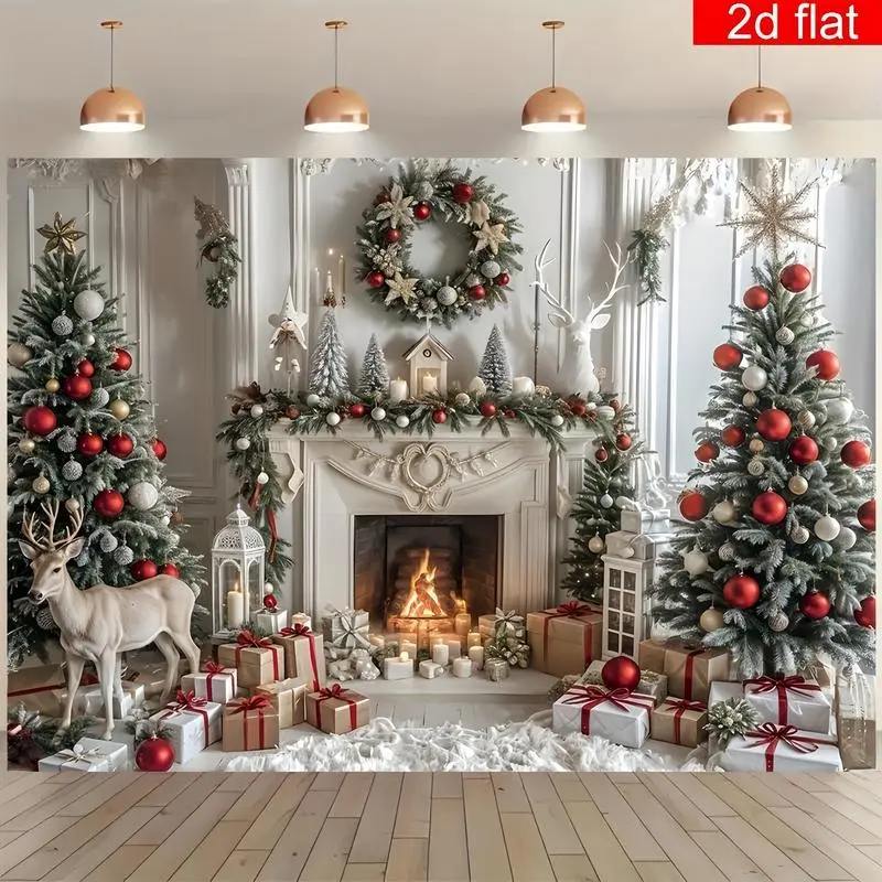 Lightweight Polyester Christmas Tree Elk Pattern Festive Backdrops & Banners - Wall Decor with Vibrant Pattern, Ample Coverage, Suitable for Winter Wedding, Living Room (All Seasons Compatible), Photo