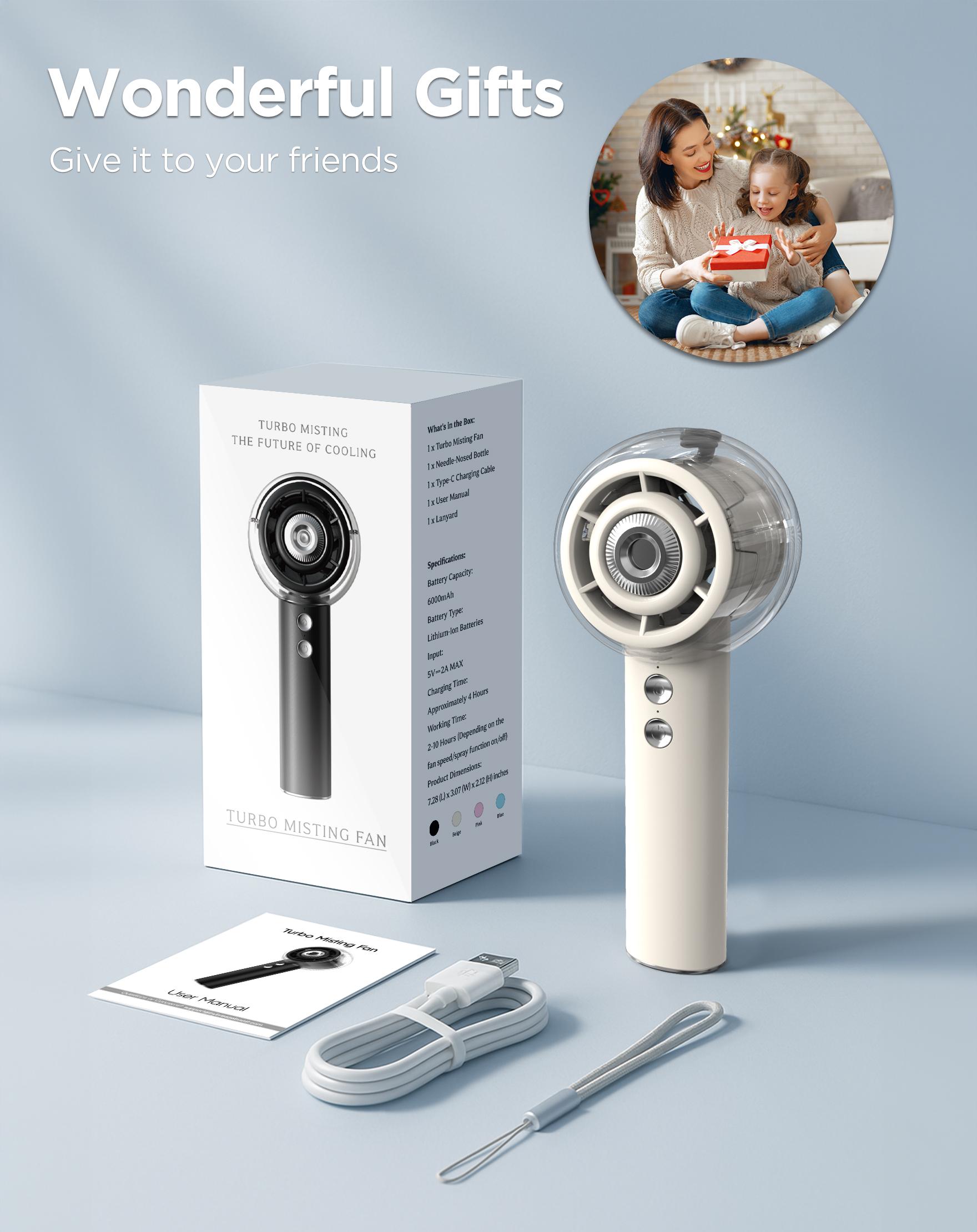 Portable Fan Handheld Mist Fan, High Speed ​​Cooling Fan 10 Hours Battery Life, USB Rechargeable, for Beach,Travel, Camping, Vacation Necessities Gift