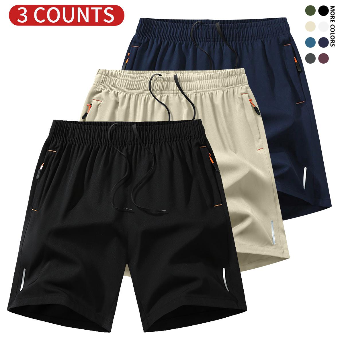 Men's Solid Color Zipper Pocket Shorts - Summer Casual Comfortable Breathable Three-Quarter Pants, Men's Everyday Bottoms, Tropical Beige, 3-Pack