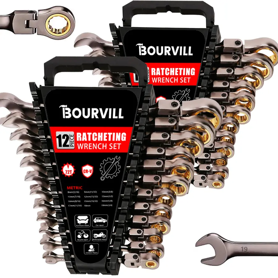 12PCS Double Box End Flex Head Ratchet Wrench Set, 72-Tooth 4 Degree Swing Arc Design, Gray Nickel Coated CR-V Steel 12 Point Wrenches with Storage Organizer, Hand Tools for Car Maintenance, Ideal Gift for Mechanics & Men