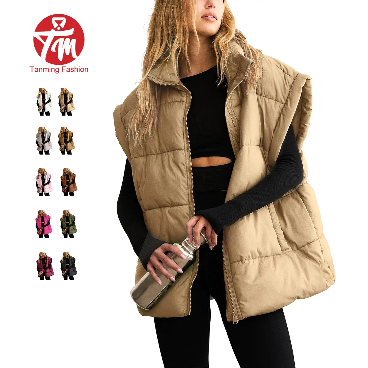 Tanming Women's Trending Loose Puffer Vest, Lightweight Drop Shoulder Jacket with Full Zip, Casual Wardrobe Staple with Hand Pockets, Athletic, Holiday, Chic