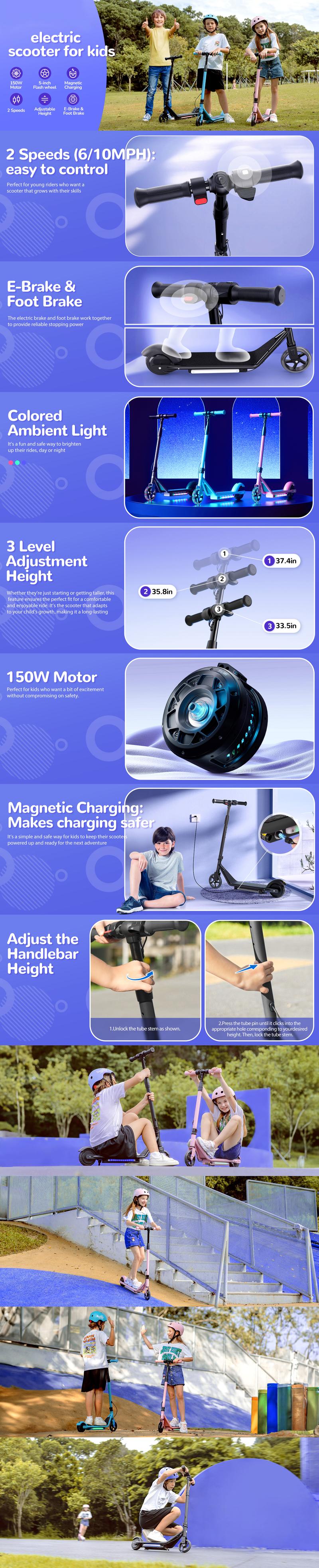 【Spring Exclusive】IIK3 Pro Electric Scooter for Kids 6-12, Riders 4.0-5.3ft, 154lb max load, Up to 60-80 min Continuous Time, 150W Motor, 3.7-5.6 Miles Range, 3 Speed Adjustable, 10 MPH Max Speed, Magnetic Charging, Safe & Comfy Ride, 18V2.6Ah