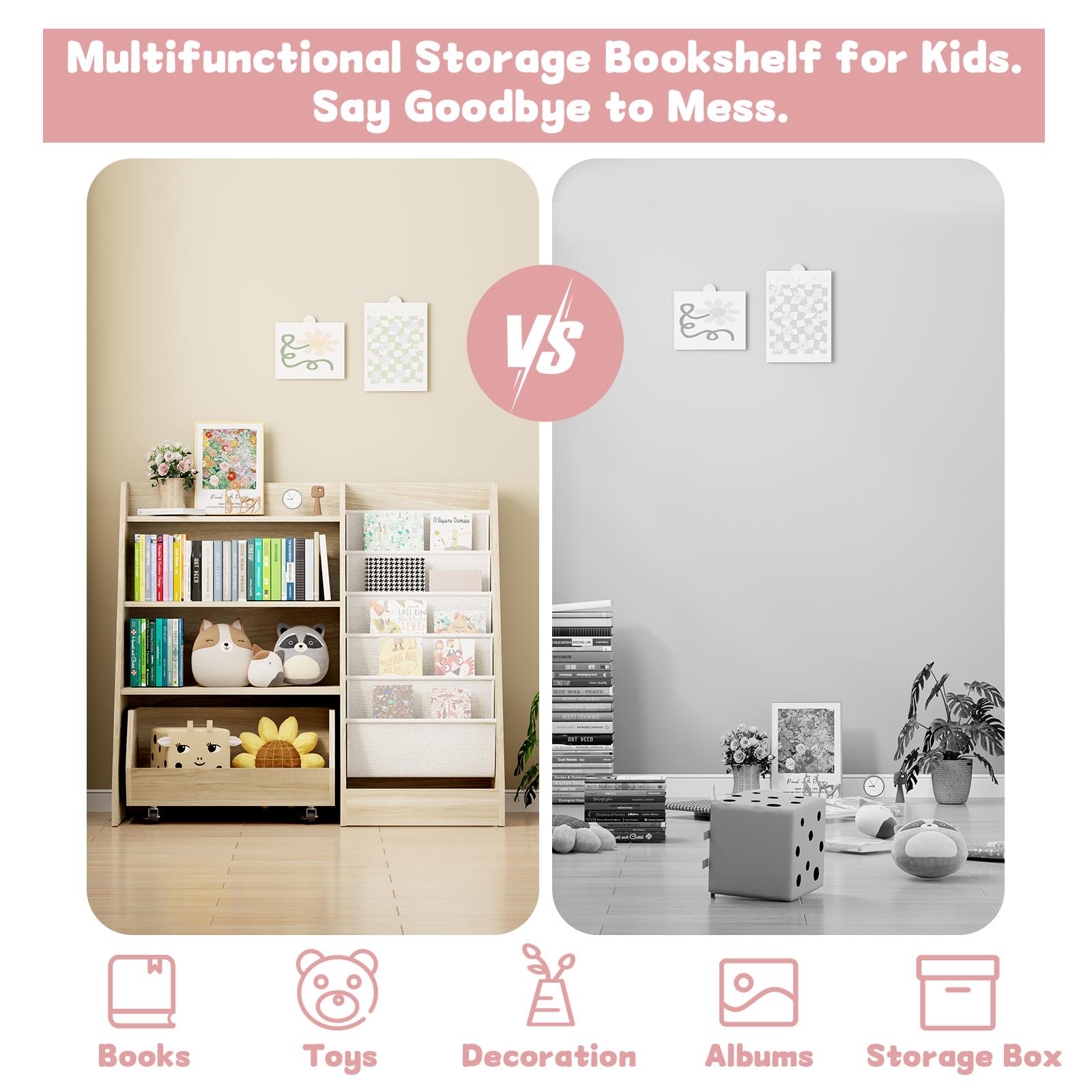 COZPAW Kids Bookshelf and Toy Storage, 4 Tier Toddler Bookshelf with Movable Drawer 5 Sling Pockets, Montessori Book Shelf for Kids Room, Playroom, Nursery (Oak)