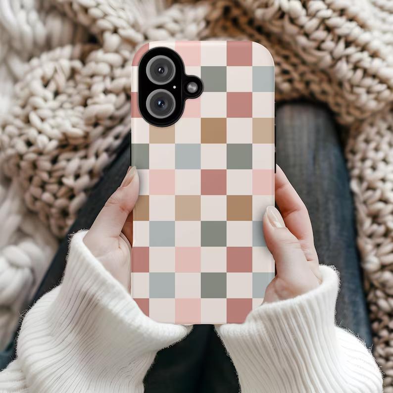 BOHO CHECKERED Case Cute Neutral Phone Cover for iPhone 17 16 15 14 13 12 Pro Max Plus Mini Trendy Phone Accessories Gift For Her Sweet Protection Protective