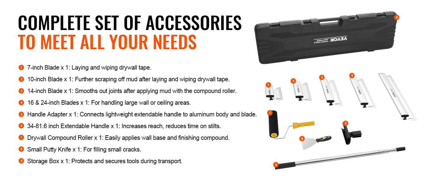 VEVOR Drywall Skimming Blade Set, 7/10/14/16/24 in Skimming Blades + 34-81.6 in Extension Handle Pole, Stainless Steel Knife Professional Skim Coat Tools, for Gyprock/WallBoard/Plasterboard,Drywall Skimming Blade Set,Decoration VEVOR Super Brand Day