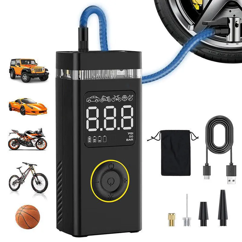Portable Car Tire Electric Inflator Pump 200PSI Large Screen Digital Display LED Lighting Type-C Fast Charging Suitable for Bicycles Cars Motorcycles etc auto gadgets portatil