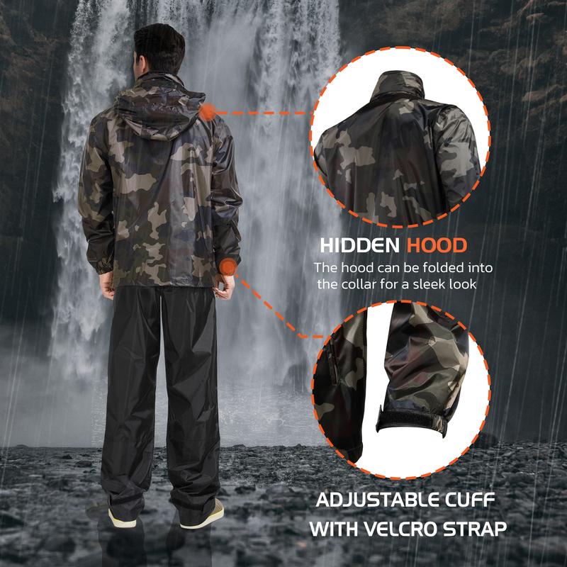 【RODEEL】702 Waterproof Jacket and Pants Set Men Lightweight Breathable Full Zip Hooded Rain Coat Durable Rain Suit Weatherproof Rainwear Windbreaker For Outdoor Sports Hiking Camping Fishing Boating Construction Landscaping Gardening, Holiday Gift