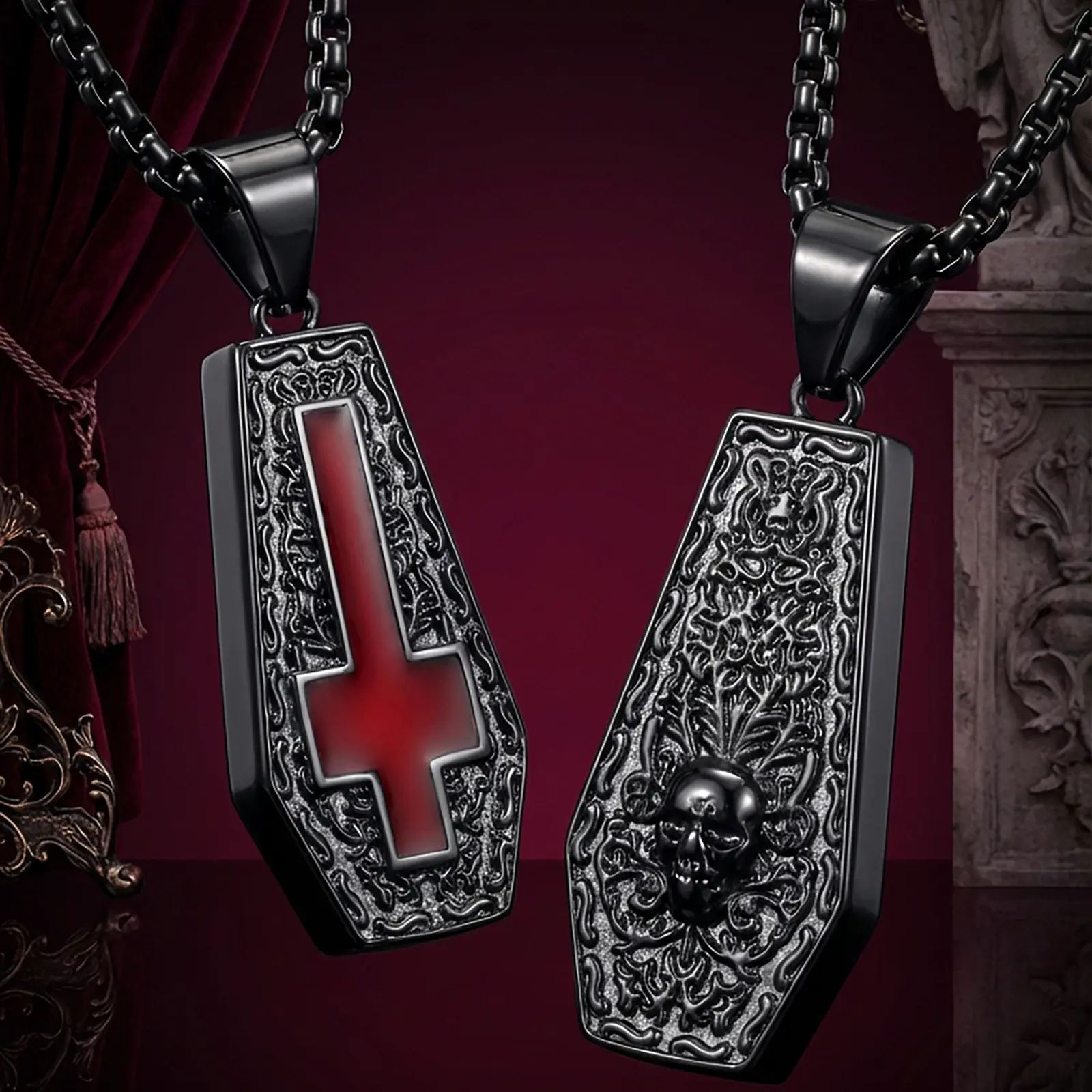 Vampire Coffin Inverted Cross Necklace, Gothic Pendant Necklace for Men Women Both Sided Stainless Steel Punk Rock Skull Halloween Cocktail Party Bloody Red Vintage Jewelry