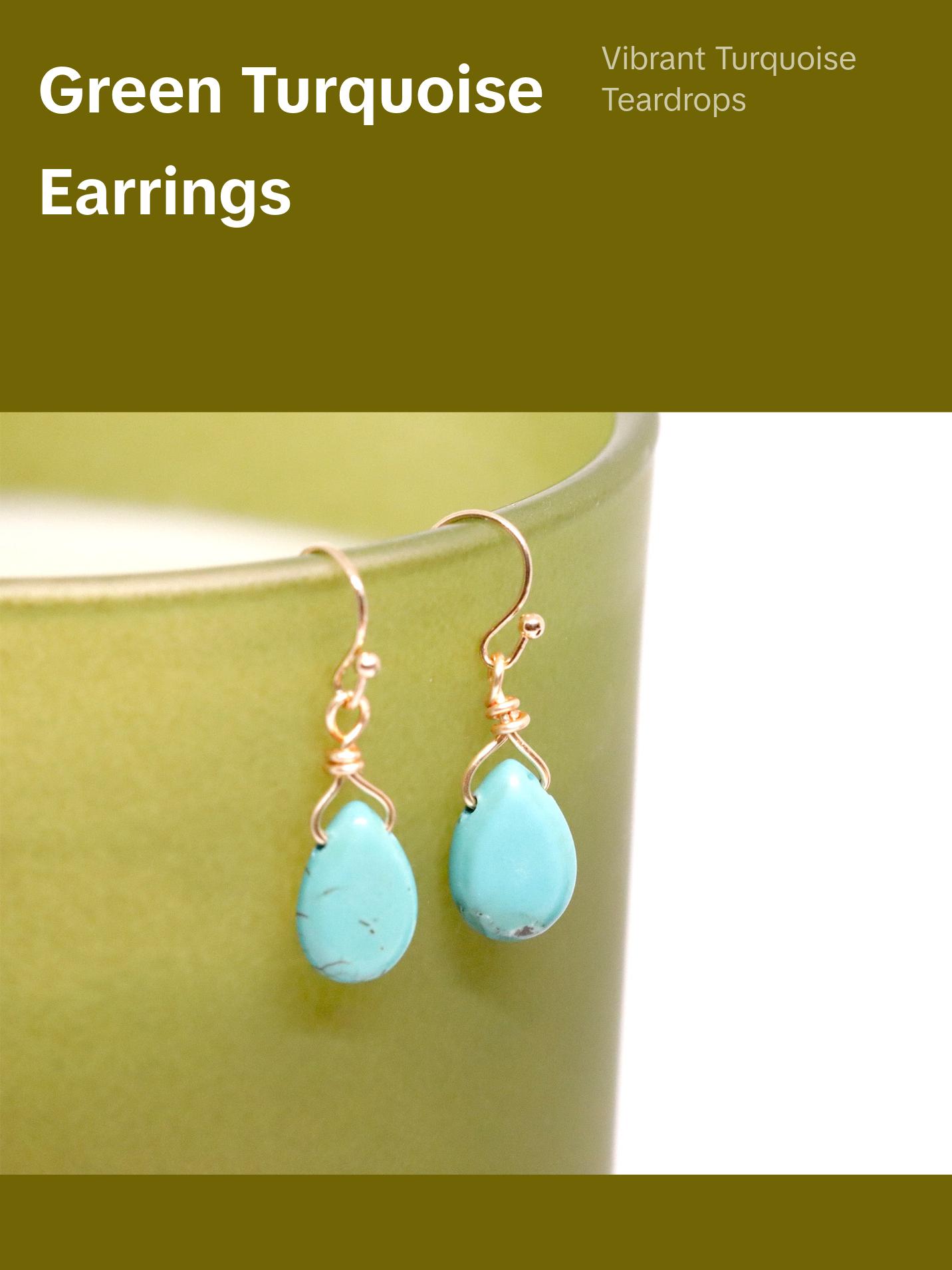 Natural Green Turquoise Teardrop-shaped Drop Earrings, Genuine Gemstones, Daily Earrings