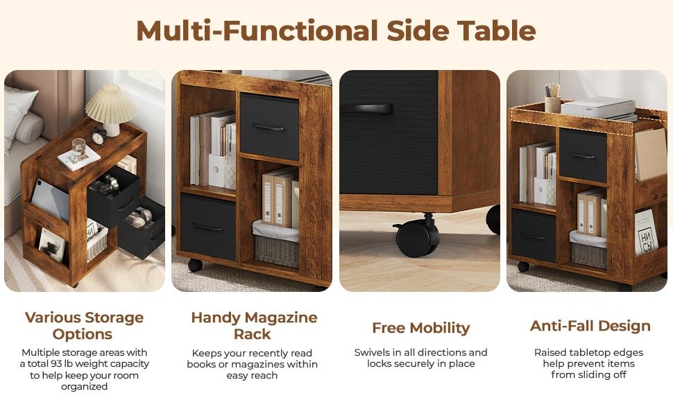 Yaheetech Rolling End Table with Storage, Foldable Fabric Drawers & Magazine Racks, Multi-Storage Wooden Side Table with Wheels for Living Room & Home Office