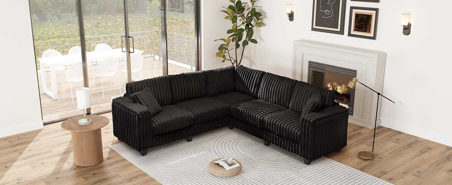 【2 Packages Shipping】Giratree 137" Plush Corduroy Cloud Velvet Modular Couch with Chaise, No Assembly Required L-V-U Shaped Sectional Sofa Set with Flexible Configuration