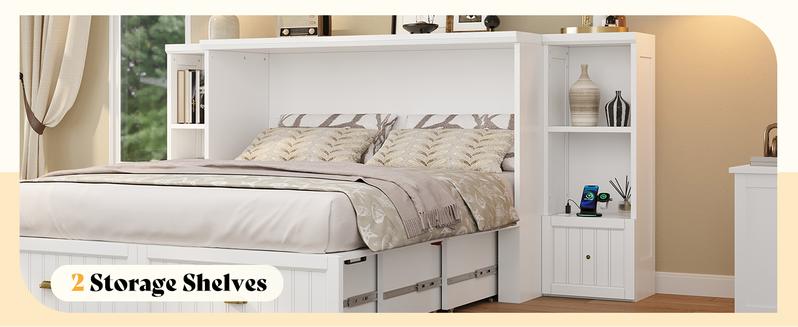 [Ships in 2 Boxes] AMERLIFE Murphy Bed with Bedside Tables, Foldable Cabinet with 3 Storage Drawers & Charging Station, Farmhouse Hideaway Bed for Bedroom/Office/Guest Room