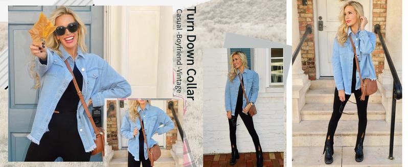 Jean Jackets for Women Ripped Fringe Denim Jean Jacket Casual Long Sleeve Pockets Jackets Coat Fabric Fashion Womenswear Soft  – Back to School Outfit Idea