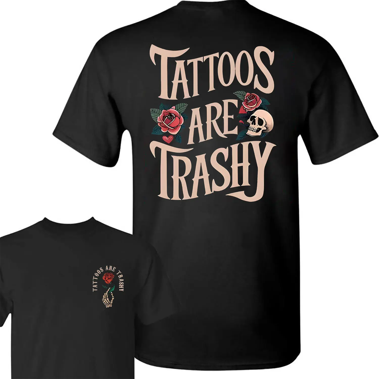 Unisex Casual Round Neck Short-Sleeve Cotton T-Shirt - Trashy Tattoos Graphic, Relaxed-Fit Streetwear Sports Top, Comfort Fabric for Women’s T-Shirts & Men’s Clothes (Full Colors, Full Sizes), Menswear, Garment