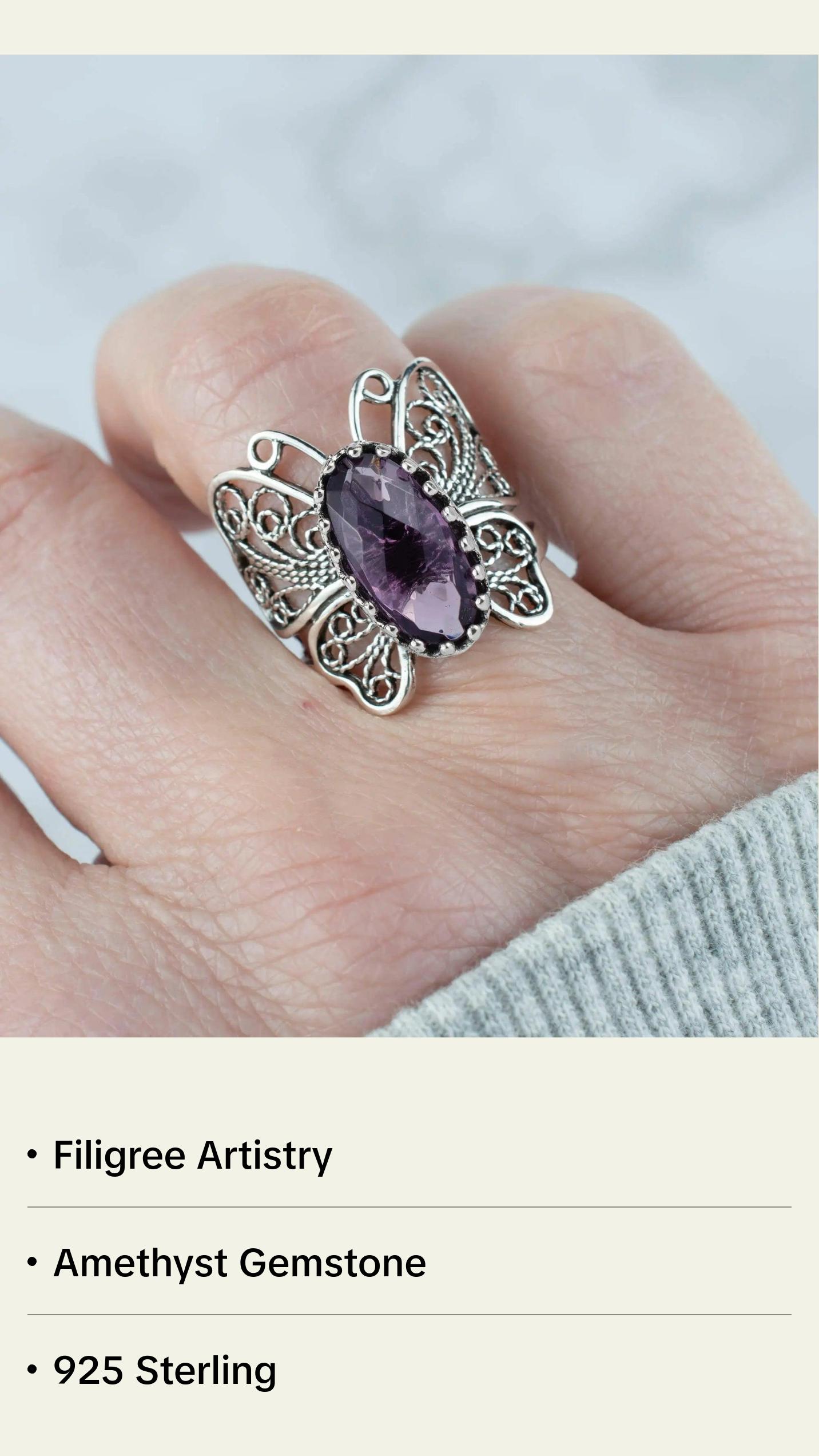 Filigree Art Amethyst Gemstone Butterfly Design Women Silver Cocktail Ring