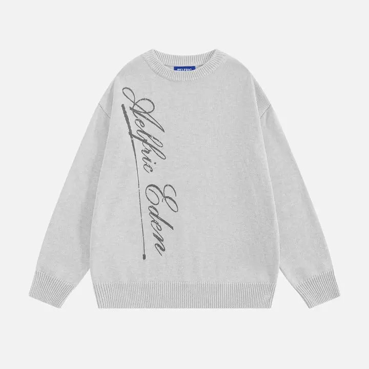 Aelfric Eden Script Graphic Sweater Oversized Dropped Shoulder Fit Classic Crew Neck Design Distressed Cursive Script Graphic Print Ribbed Cuffs & Hem Soft Knit Fabric Minimalist Streetwear Unisex Top,clothes for back to school,first day of school outfits