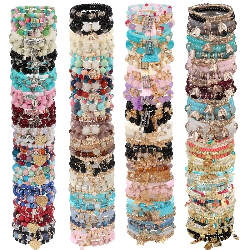 Boho Style Beaded Bangle Bracelet Set - 12/36pcs Handmade Unisex Elastic Band Wrist Stack with Wooden Beads, Butterfly/Elephant/Tree Pendants, Whimsy Costume Jewelry for Anniversary Gift & Daily Wear