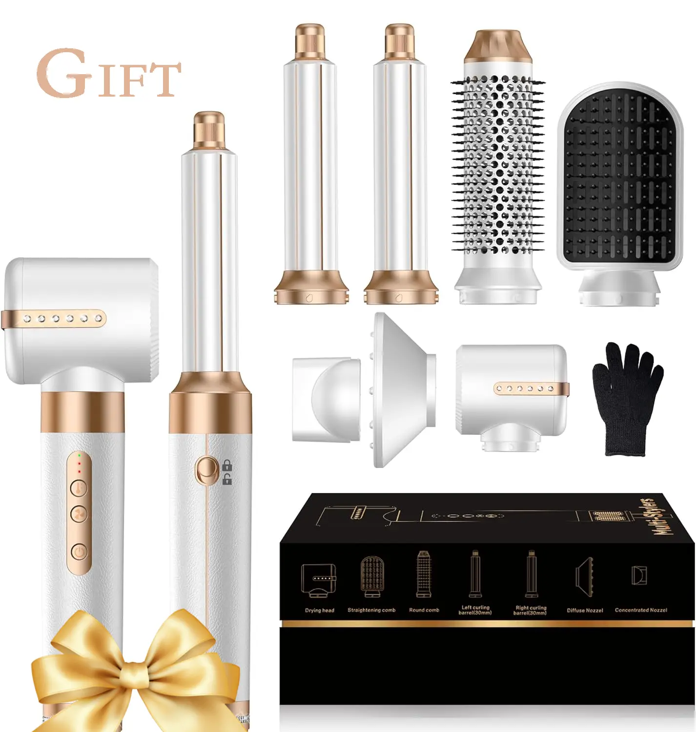 7-in-1 Ionic Hot Air Dryer Brush - Powerful Hair Tool with Air Curler, Diffuser for Fast Drying, Volumizing, Curling, Straightening - Gifts for Women, 100-120V Home Styling Tool, Hair Tools