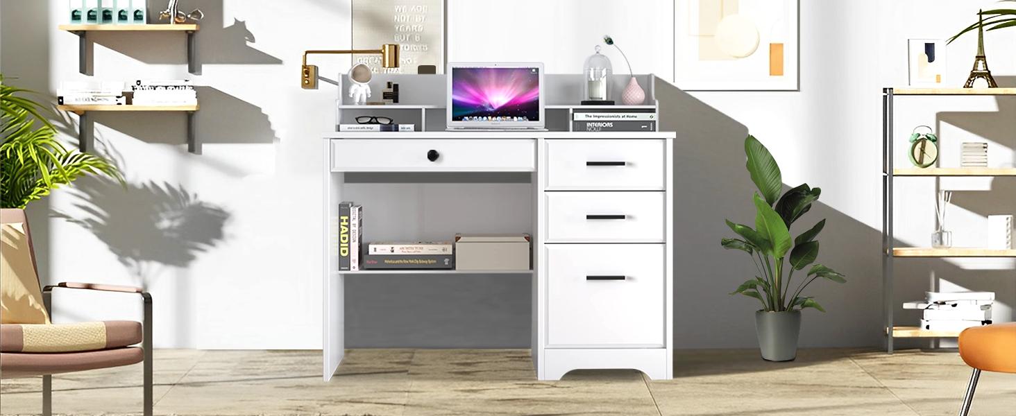 HOMBCK Computer Desk with Drawers, White Desk with Storage, Home Office Desk with Monitor Stand, Student Writing Desk, White