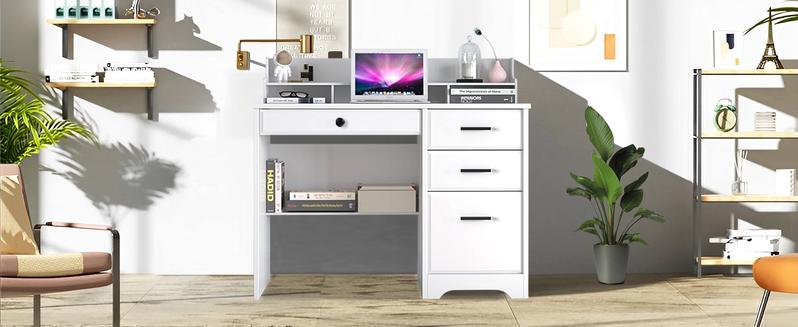 HOMBCK Computer Desk with Drawers, White Desk with Storage, Home Office Desk with Monitor Stand, Student Writing Desk, White HOMBCK Computer Desk with Drawers, White Desk with Storage, Home Office Desk with Monitor Stand, Student Writing Desk, White